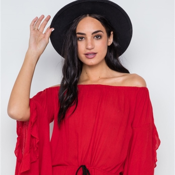 RED OFF-THE-SHOULDER RUFFLE SLEEVES ROMPER - Picture 5 of 5